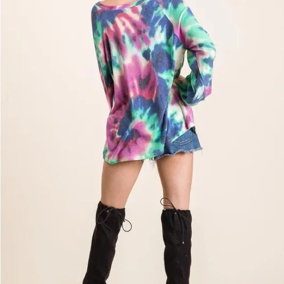 BiBi Tie Dye Print Terry Top with Puff Sleeves - Picture 2 of 10